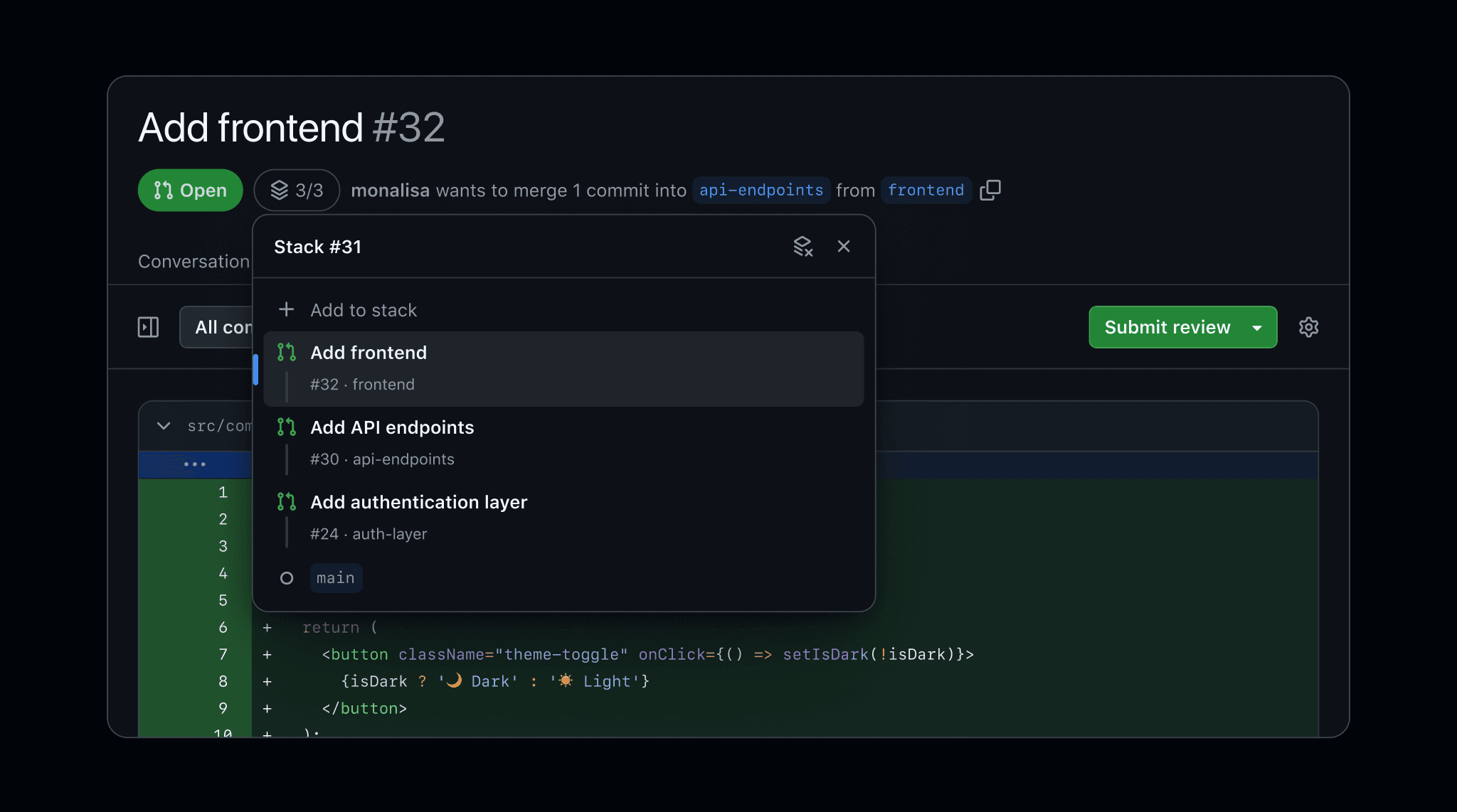 GitHub stack map on PR #32 showing the frontend, api-endpoints and auth-layer pull requests stacked on main